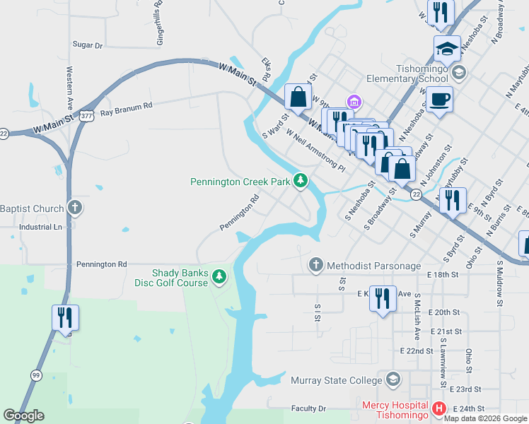 map of restaurants, bars, coffee shops, grocery stores, and more near 603 West 15th Street in Tishomingo