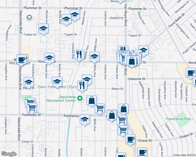 map of restaurants, bars, coffee shops, grocery stores, and more near 9004 Willis Avenue in Los Angeles