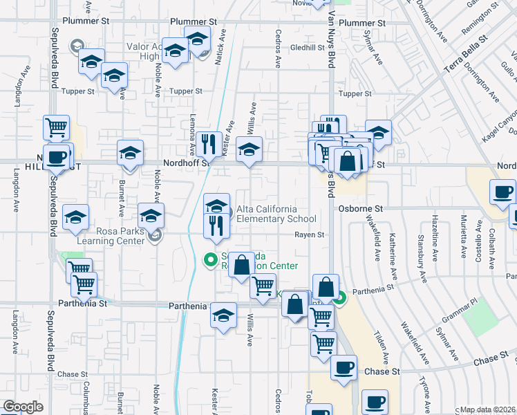 map of restaurants, bars, coffee shops, grocery stores, and more near 8942 Willis Avenue in Los Angeles