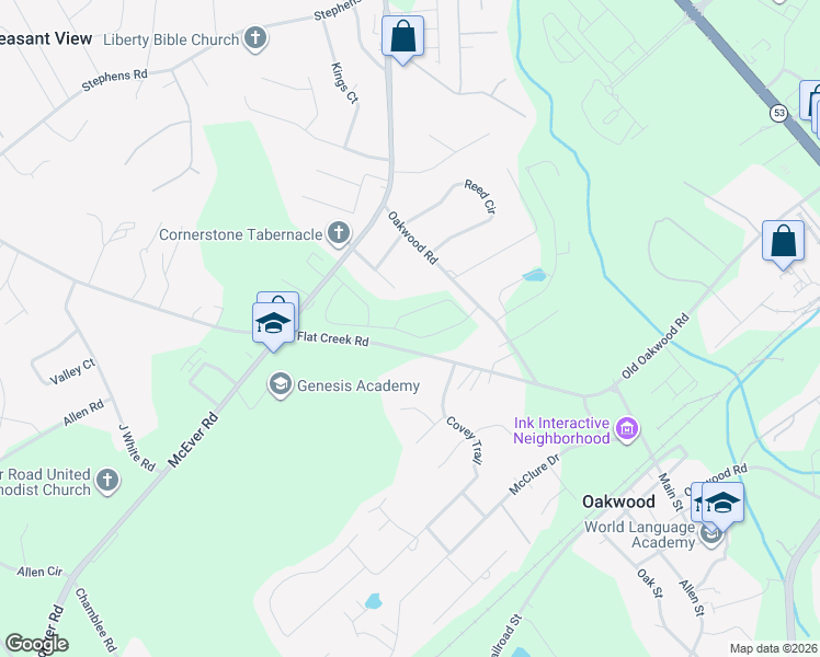 map of restaurants, bars, coffee shops, grocery stores, and more near 4022 Flat Creek Road in Oakwood