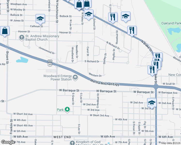 map of restaurants, bars, coffee shops, grocery stores, and more near 51 Western Drive in Pine Bluff