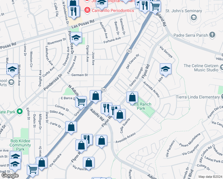 map of restaurants, bars, coffee shops, grocery stores, and more near 1565 Flynn Road in Camarillo