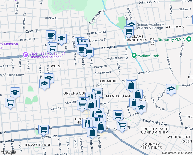 map of restaurants, bars, coffee shops, grocery stores, and more near 1705 Ann Street in Wilmington
