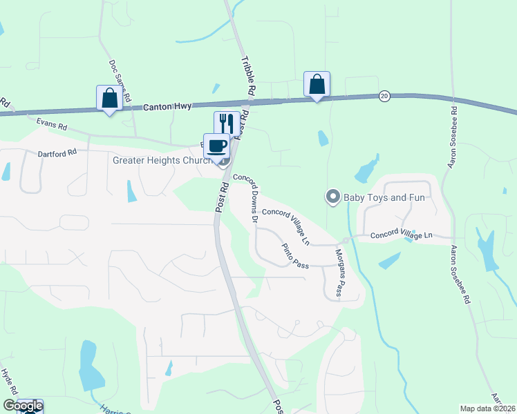 map of restaurants, bars, coffee shops, grocery stores, and more near 5170 Concord Village Lane in Cumming