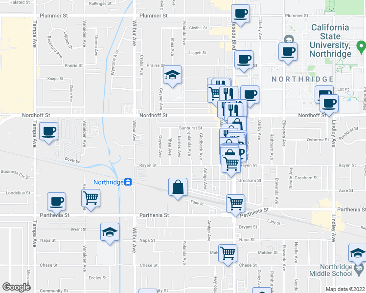 map of restaurants, bars, coffee shops, grocery stores, and more near 8944 Eames Avenue in Los Angeles