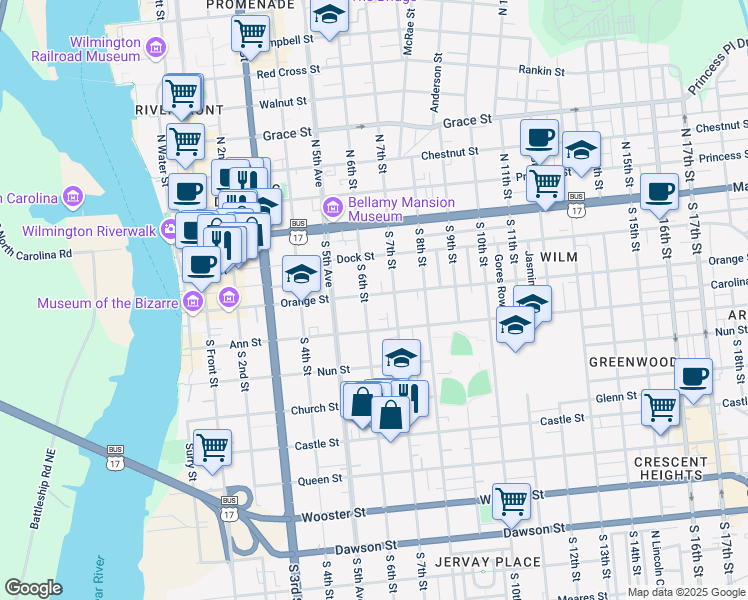 map of restaurants, bars, coffee shops, grocery stores, and more near 606 Orange Street in Wilmington