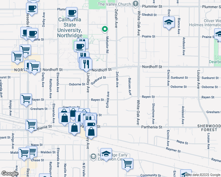 map of restaurants, bars, coffee shops, grocery stores, and more near 8944 Enfield Avenue in Los Angeles