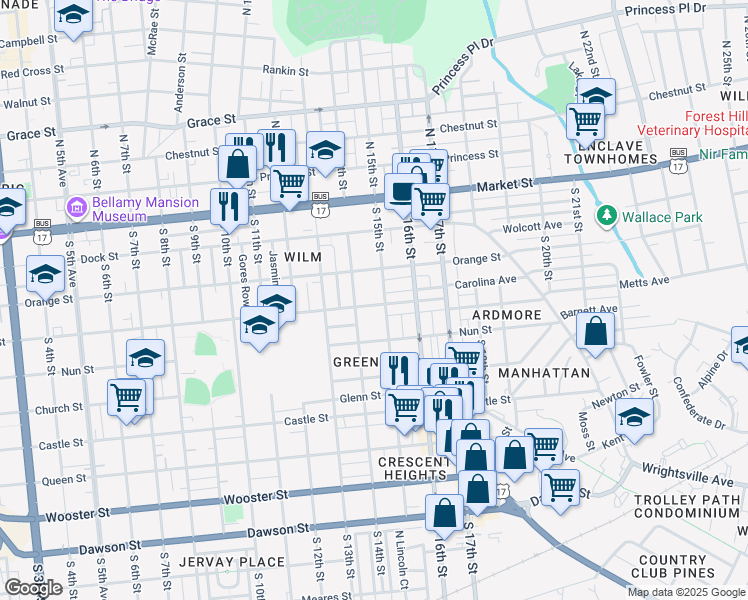 map of restaurants, bars, coffee shops, grocery stores, and more near 1417 Ann Street in Wilmington