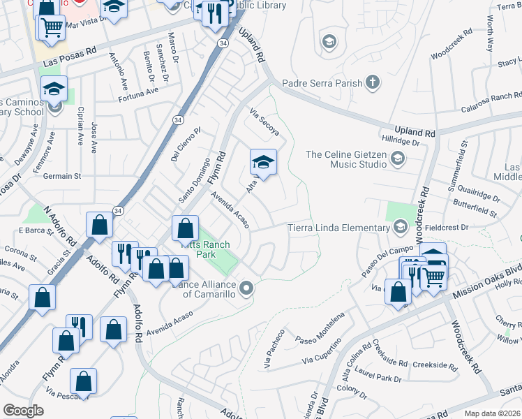 map of restaurants, bars, coffee shops, grocery stores, and more near 4891 Corte Olivas in Camarillo