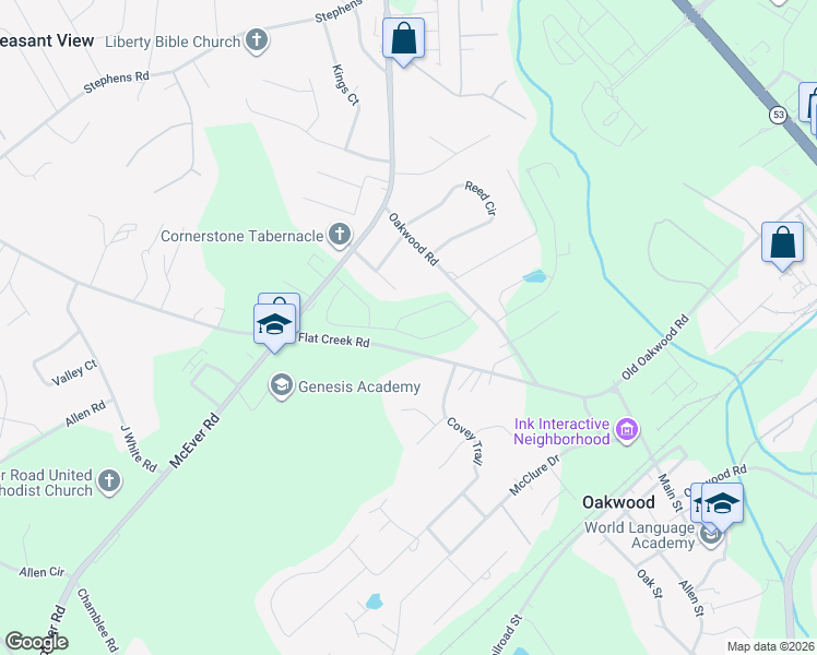 map of restaurants, bars, coffee shops, grocery stores, and more near 4022 Flat Creek Road in Oakwood