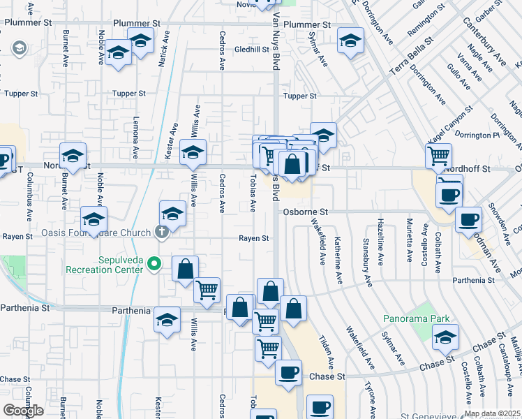 map of restaurants, bars, coffee shops, grocery stores, and more near 9010 Tobias Ave in Panorama City