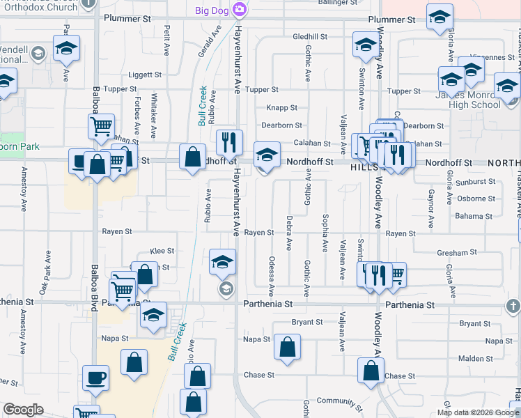 map of restaurants, bars, coffee shops, grocery stores, and more near 8926 Monogram Avenue in Los Angeles