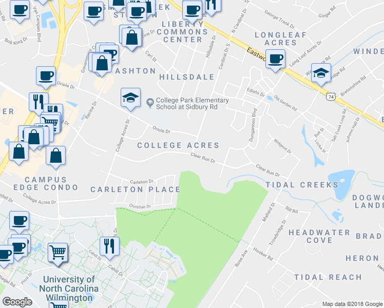 map of restaurants, bars, coffee shops, grocery stores, and more near 304 South Cardinal Drive in Wilmington