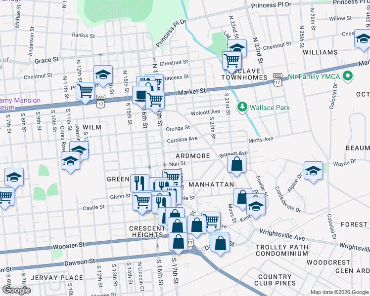 map of restaurants, bars, coffee shops, grocery stores, and more near 1817 Ann Street in Wilmington