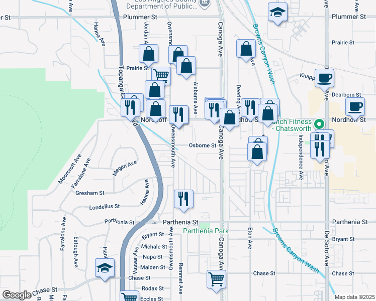map of restaurants, bars, coffee shops, grocery stores, and more near 21600 Osborne Street in Los Angeles