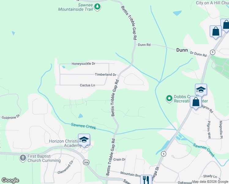map of restaurants, bars, coffee shops, grocery stores, and more near 1645 Bettis Tribble Gap Road in Cumming