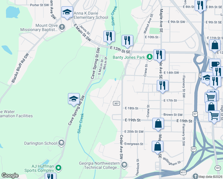 map of restaurants, bars, coffee shops, grocery stores, and more near 120 Crescent Avenue Southwest in Rome