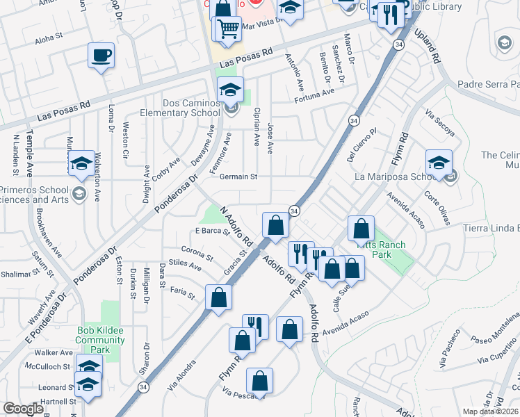 map of restaurants, bars, coffee shops, grocery stores, and more near 1495 Gracia Street in Camarillo