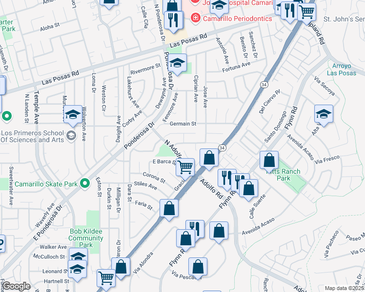 map of restaurants, bars, coffee shops, grocery stores, and more near 3586 Almendro Way in Camarillo