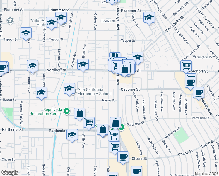 map of restaurants, bars, coffee shops, grocery stores, and more near 8943 Tobias Avenue in Los Angeles