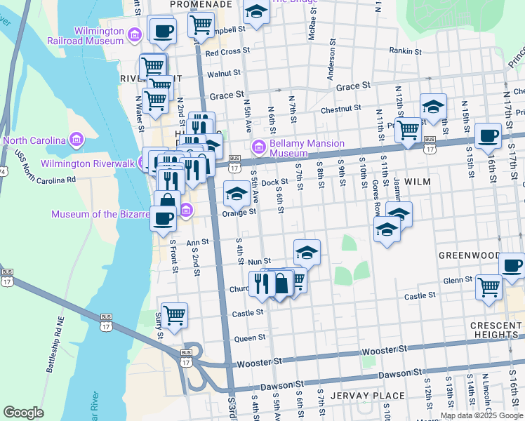 map of restaurants, bars, coffee shops, grocery stores, and more near 202 South 5th Avenue in Wilmington