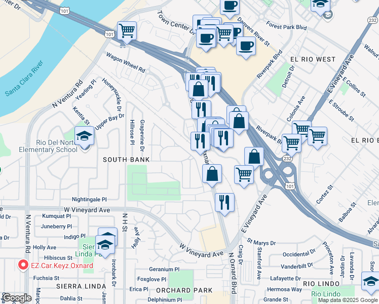 map of restaurants, bars, coffee shops, grocery stores, and more near 2468 Apple Lane in Oxnard