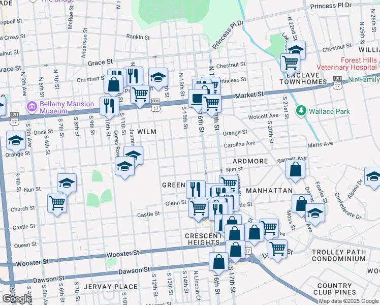 map of restaurants, bars, coffee shops, grocery stores, and more near 1501 Ann Street in Wilmington