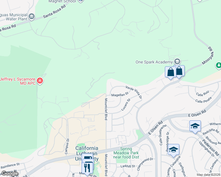 map of restaurants, bars, coffee shops, grocery stores, and more near 4060 Verde Vista Drive in Thousand Oaks