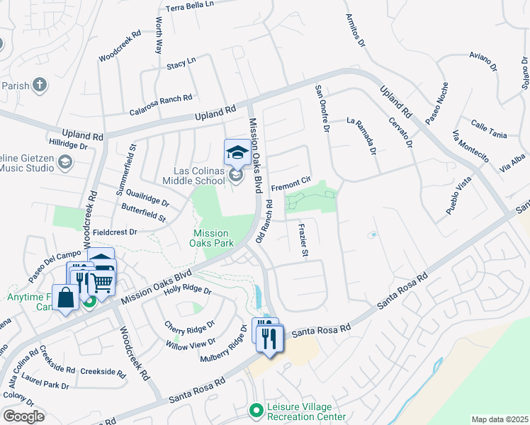 map of restaurants, bars, coffee shops, grocery stores, and more near 1615 Old Ranch Road in Camarillo