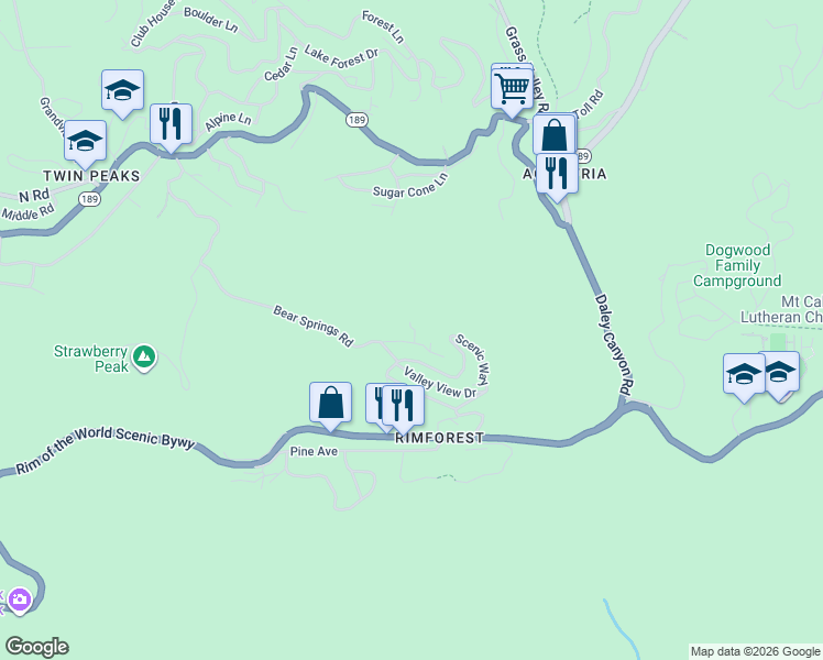map of restaurants, bars, coffee shops, grocery stores, and more near 1117 Hazel Place in Rimforest