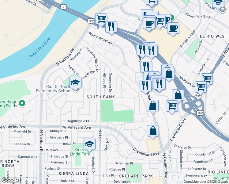 map of restaurants, bars, coffee shops, grocery stores, and more near 2485 Elderberry Drive in Oxnard