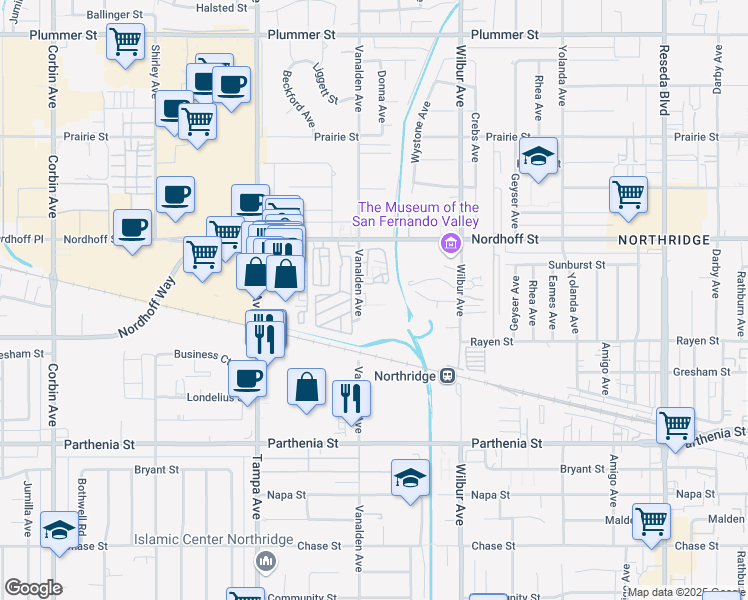 map of restaurants, bars, coffee shops, grocery stores, and more near 8956 Vanalden Avenue in Los Angeles