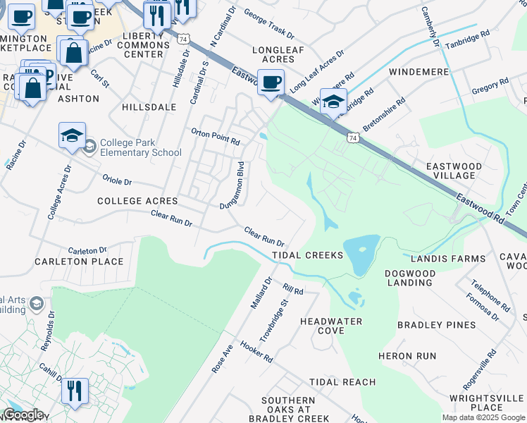 map of restaurants, bars, coffee shops, grocery stores, and more near 6306 Gadwall Court in Wilmington