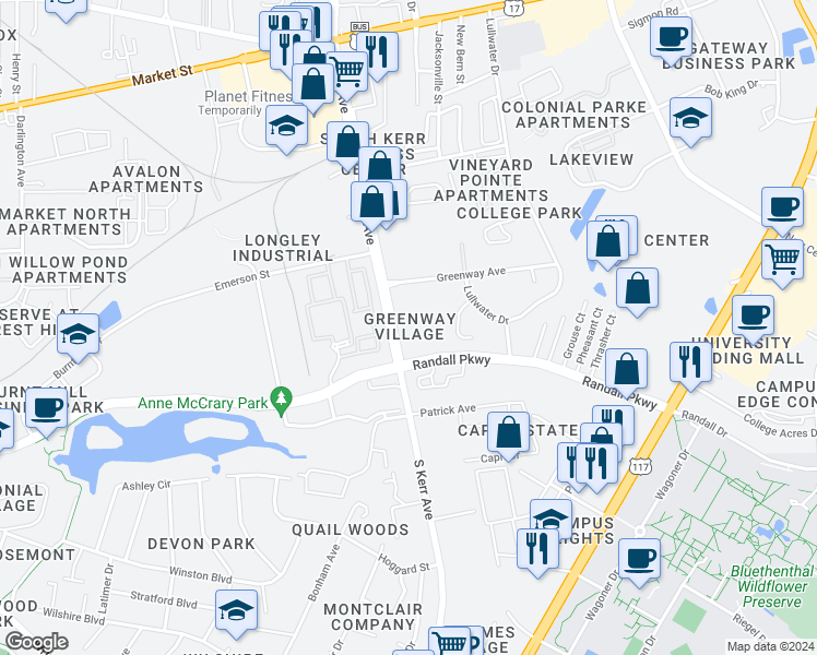 map of restaurants, bars, coffee shops, grocery stores, and more near 321 South Kerr Avenue in Wilmington