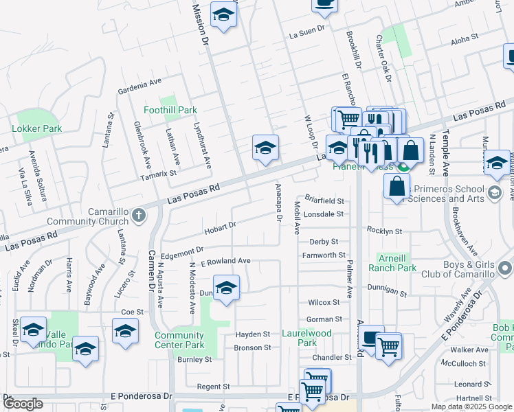 map of restaurants, bars, coffee shops, grocery stores, and more near 1908 Sorrel Street in Camarillo