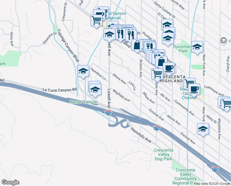 map of restaurants, bars, coffee shops, grocery stores, and more near 4124 Lowell Avenue in Glendale
