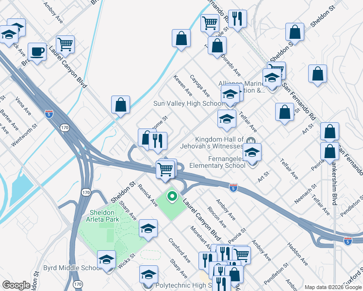 map of restaurants, bars, coffee shops, grocery stores, and more near 12338 Sheldon Street in Los Angeles