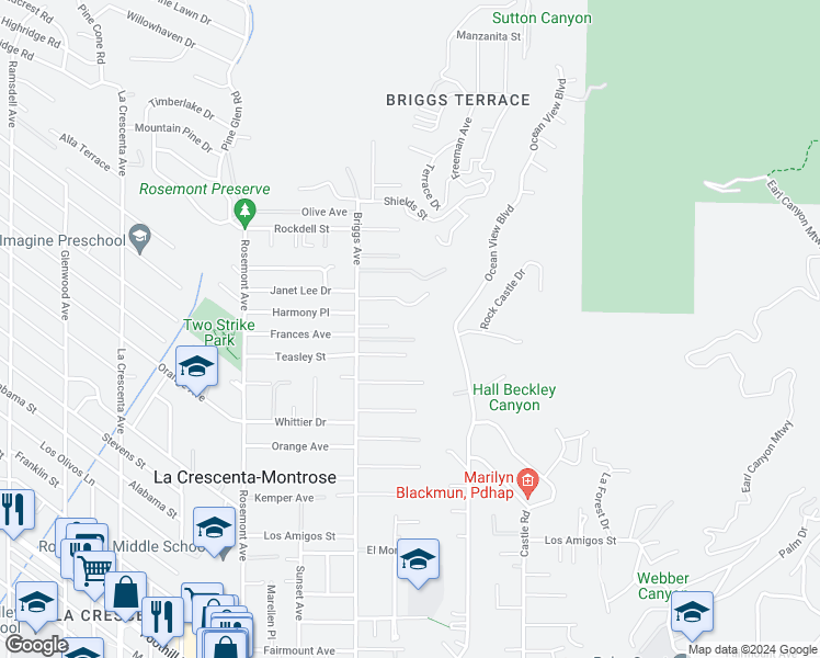 map of restaurants, bars, coffee shops, grocery stores, and more near 5226 Briggs Avenue in La Crescenta-Montrose