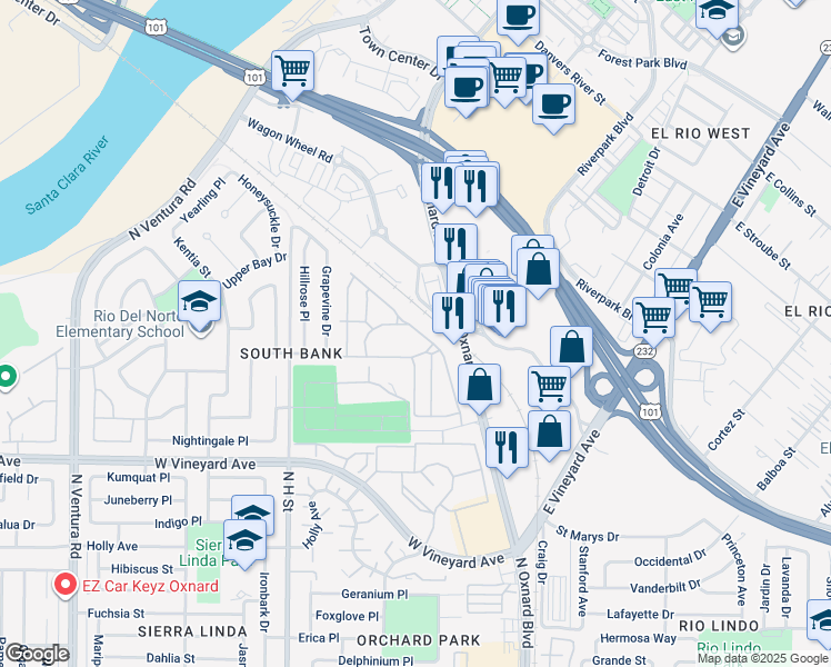 map of restaurants, bars, coffee shops, grocery stores, and more near 2468 Apple Lane in Oxnard