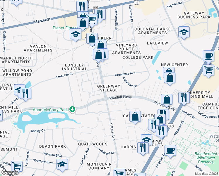 map of restaurants, bars, coffee shops, grocery stores, and more near 321 South Kerr Avenue in Wilmington