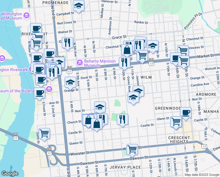 map of restaurants, bars, coffee shops, grocery stores, and more near 806 Orange Street in Wilmington