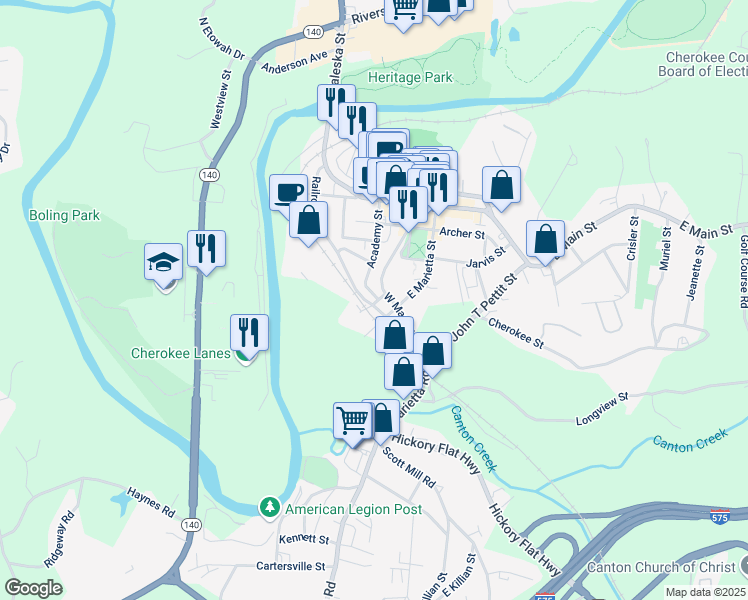 map of restaurants, bars, coffee shops, grocery stores, and more near in Canton