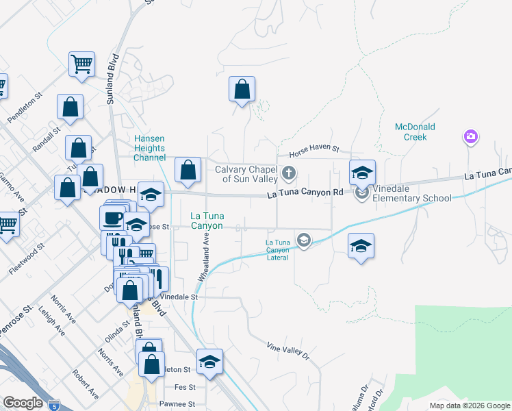map of restaurants, bars, coffee shops, grocery stores, and more near 10448 La Tuna Canyon Road in Los Angeles