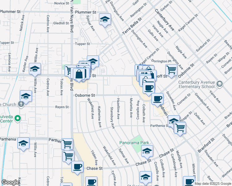 map of restaurants, bars, coffee shops, grocery stores, and more near 14305 Osborne Street in Los Angeles