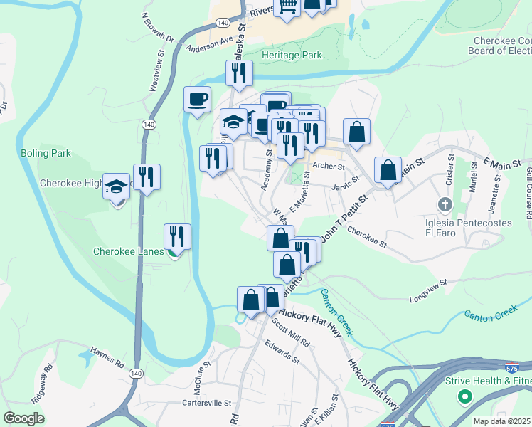 map of restaurants, bars, coffee shops, grocery stores, and more near 176 Railroad Street in Canton