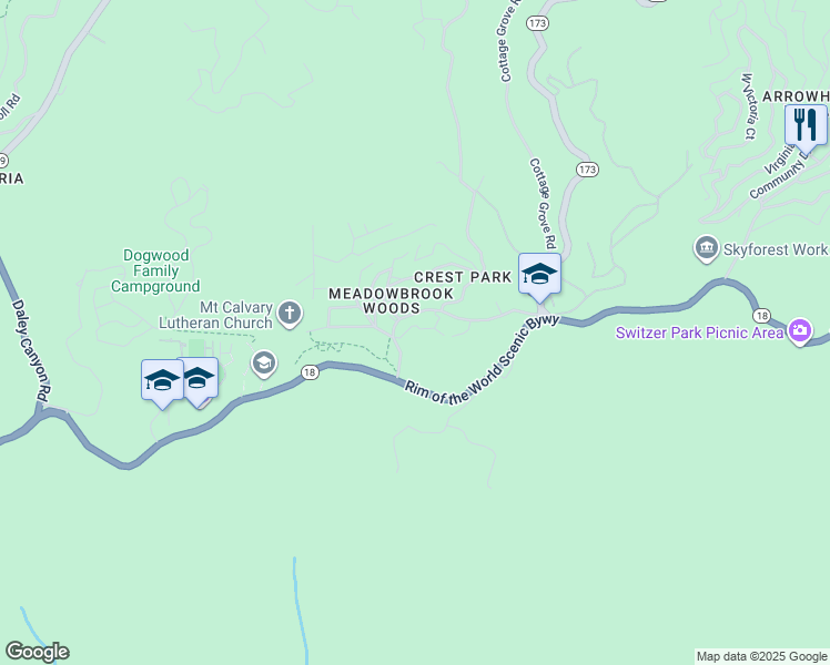 map of restaurants, bars, coffee shops, grocery stores, and more near 27607 Oak Knoll Drive in Lake Arrowhead