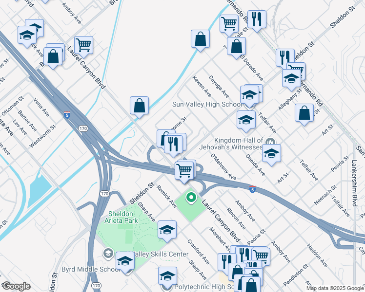 map of restaurants, bars, coffee shops, grocery stores, and more near 12406 Haley Street in Los Angeles
