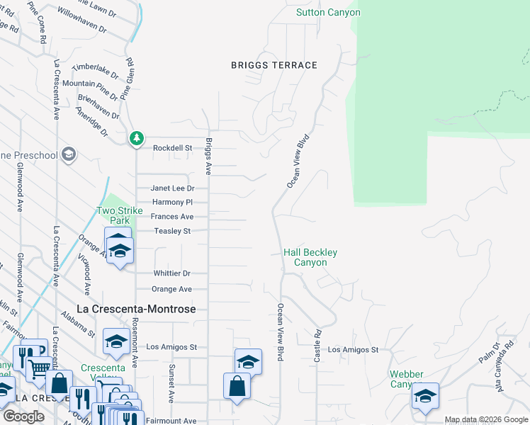 map of restaurants, bars, coffee shops, grocery stores, and more near 5391 Ocean View Boulevard in La Cañada Flintridge