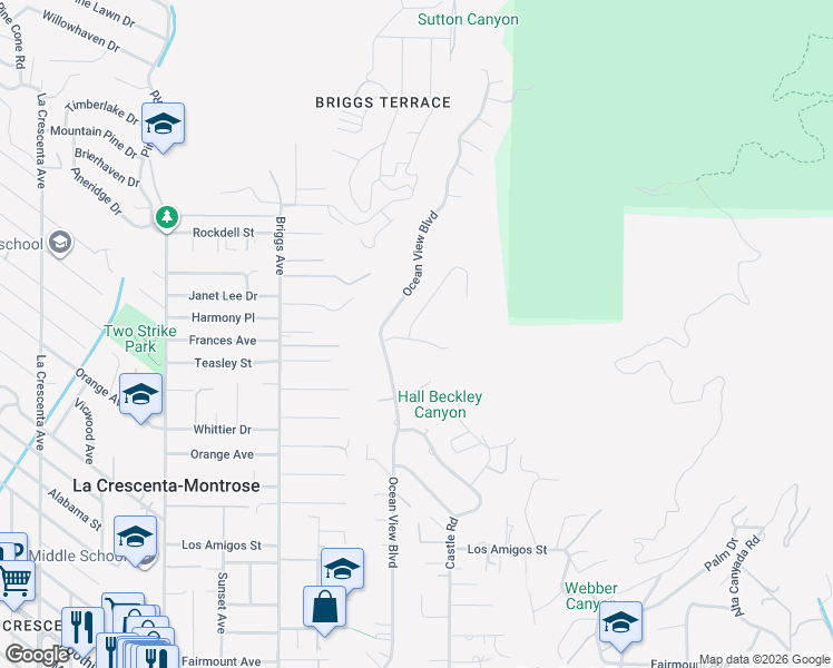 map of restaurants, bars, coffee shops, grocery stores, and more near 5404 Rock Castle Drive in La Cañada Flintridge