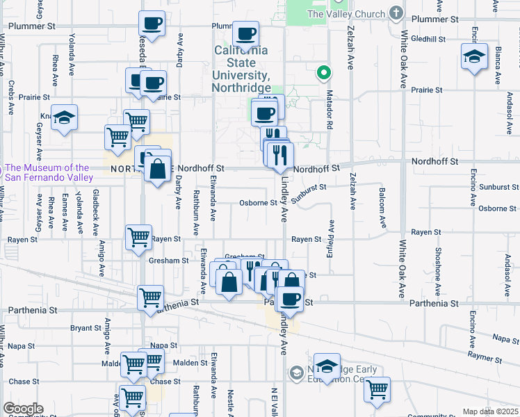 map of restaurants, bars, coffee shops, grocery stores, and more near 18136 Osborne Street in Los Angeles